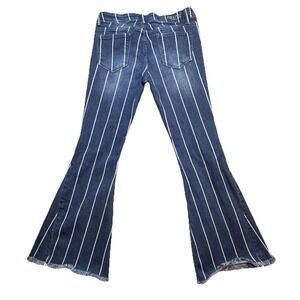 Grace In LA Jeans Womens 16 Blue Striped Mid Rise Flare Raw Hem Stretch Denim